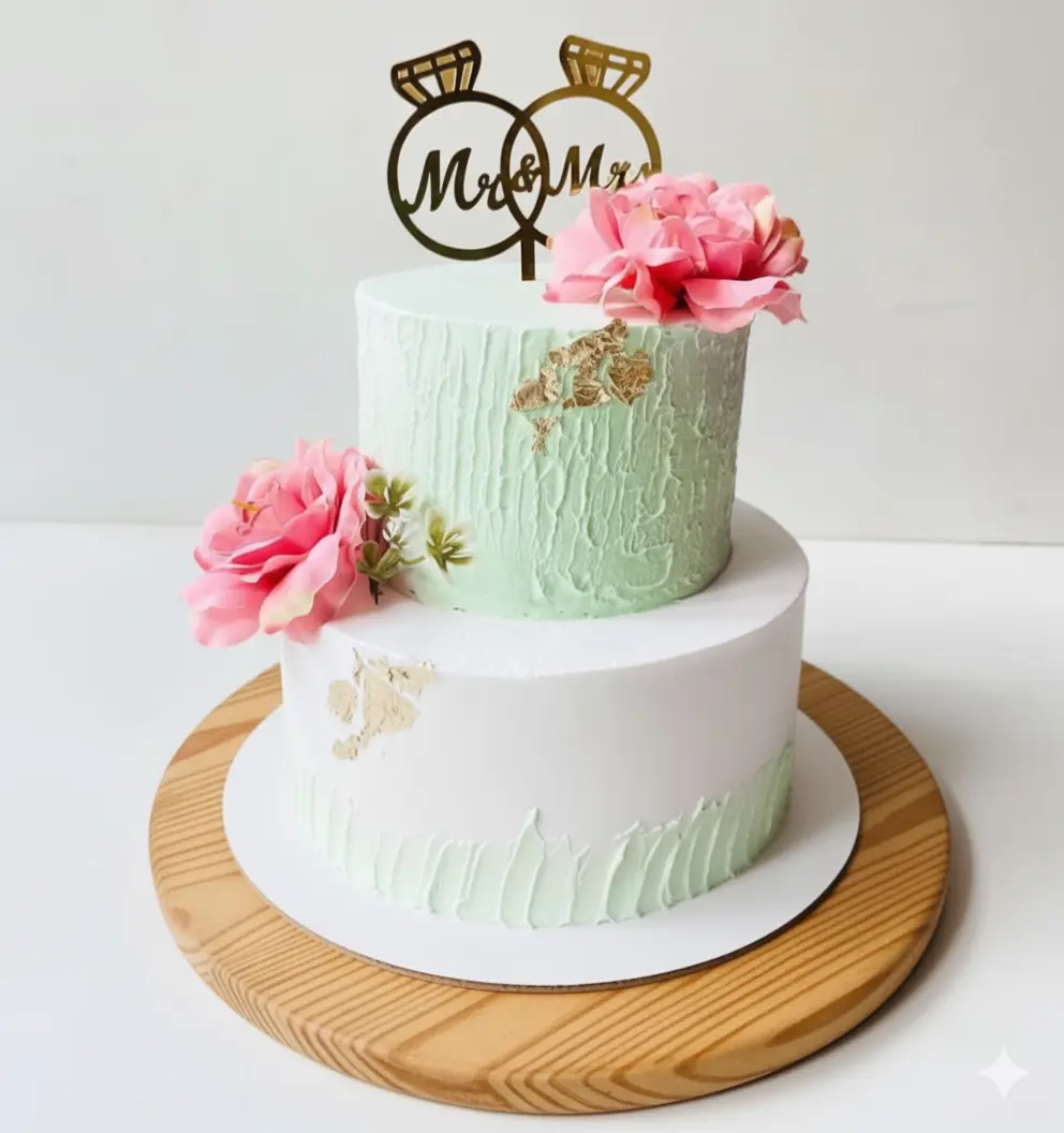 Two-Tier Wedding Cake with Mint Green Texture & Pink Flowers - 2kg